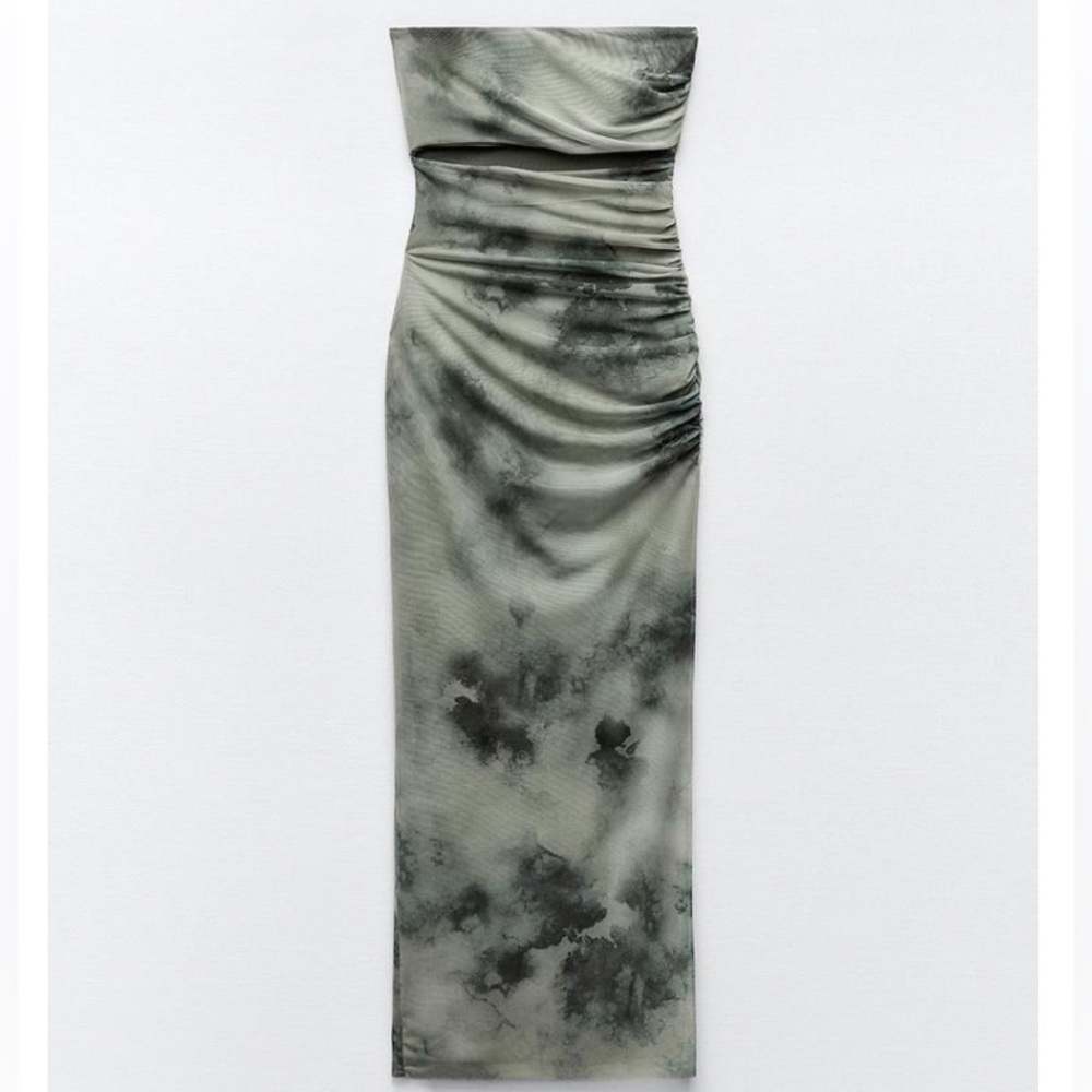 Zara Olive Green & Black Strapless Ruched Midi Dress